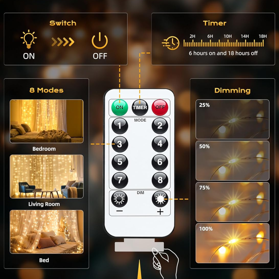 300 LED Warm White Curtain String Lights - USB Plug-In, 8 Modes