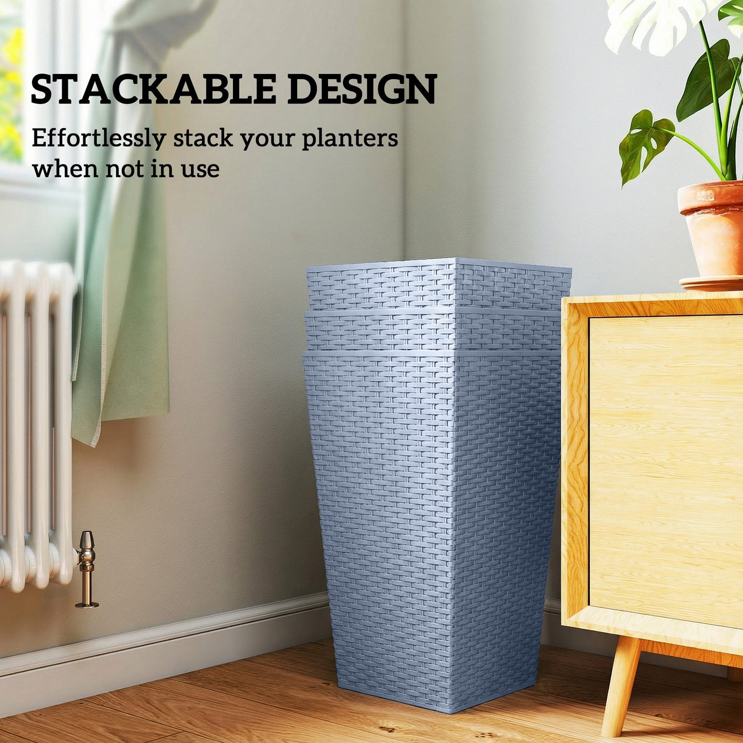 Tall Outdoor Plant Planters Set of 3 - 24 Inch Rattan-Style Flower Pots with Drainage Holes, Light Gray