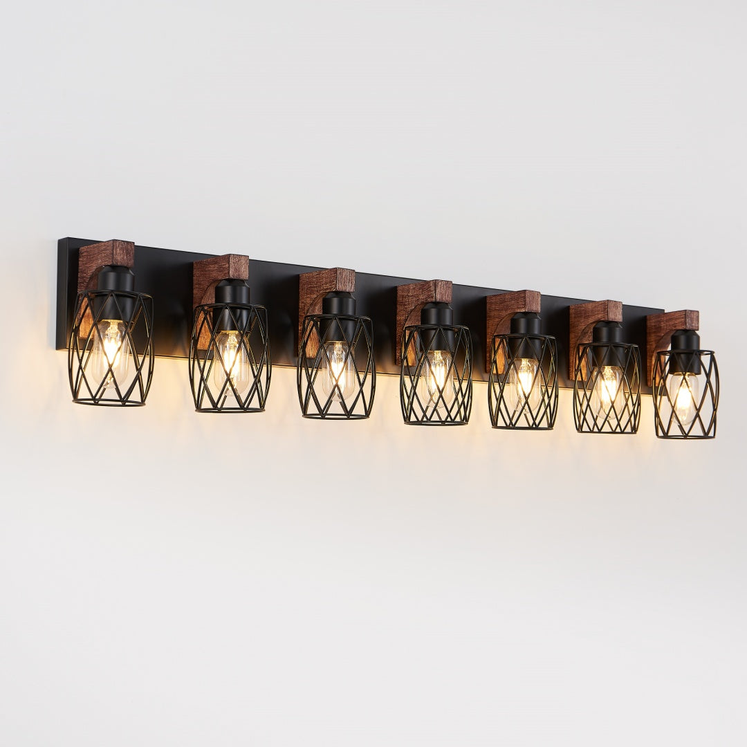 Vintage Industrial 7-Light Wall Sconce - Black Cage & Wood Accents