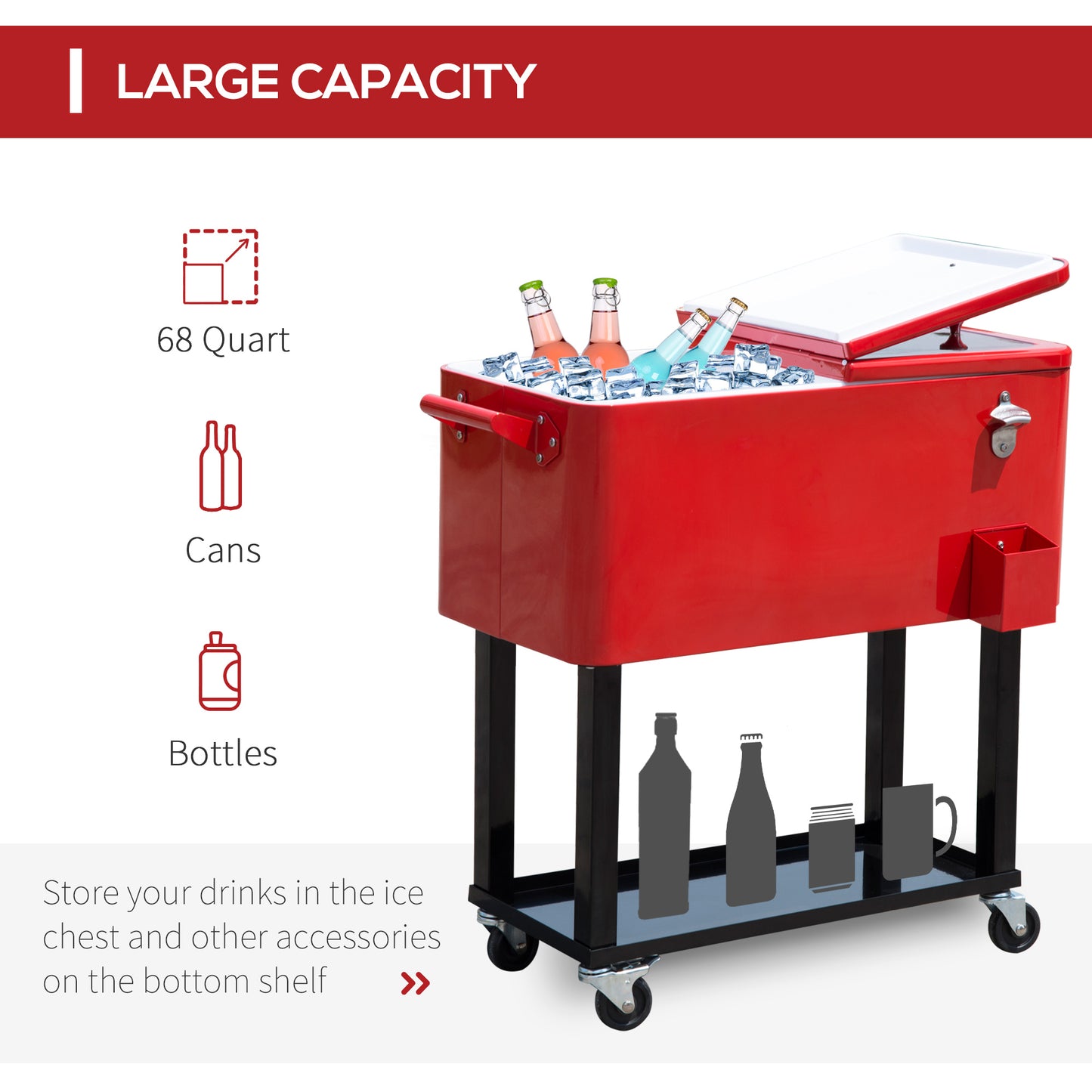 80 QT Rolling Cooler Cart with Wheels - Red Outdoor Drink Cooler