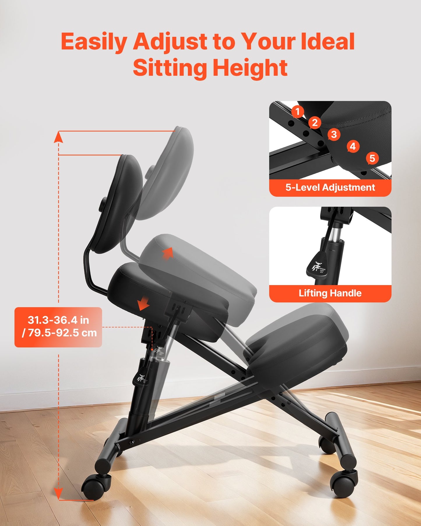 Ergonomic Kneeling Chair with Backrest & Wheels - Adjustable Height Office & Home Posture Stool