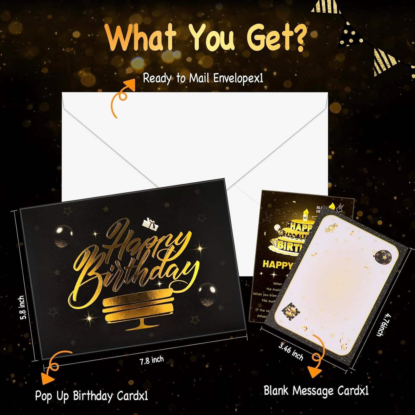 3D Happy Birthday Card with Envelope - Black, 15x20cm
