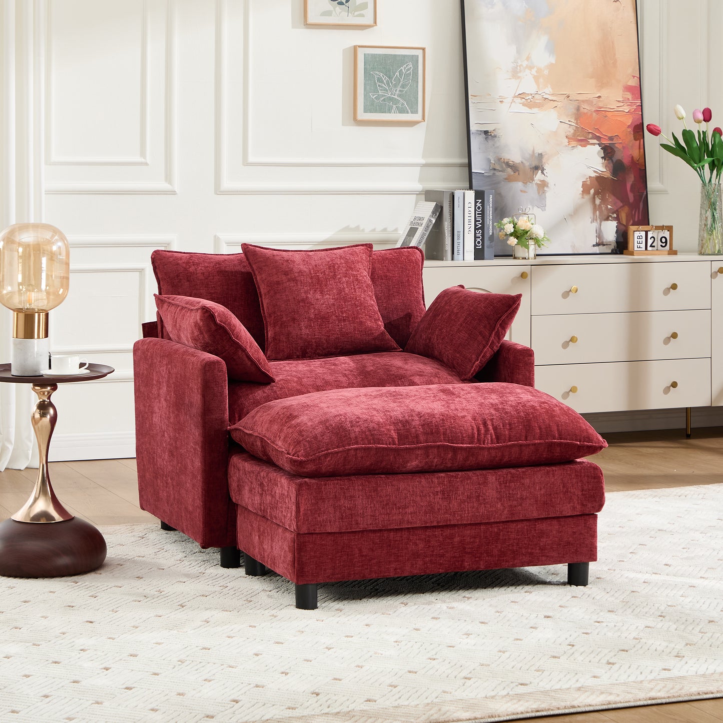 Modern Accent Chair with Ottoman - Wine Red Chenille Upholstery