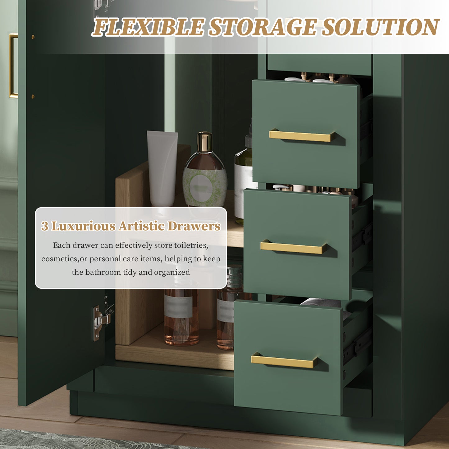 24" Green Bathroom Vanity with Integrated Ceramic Sink & 3 Drawers