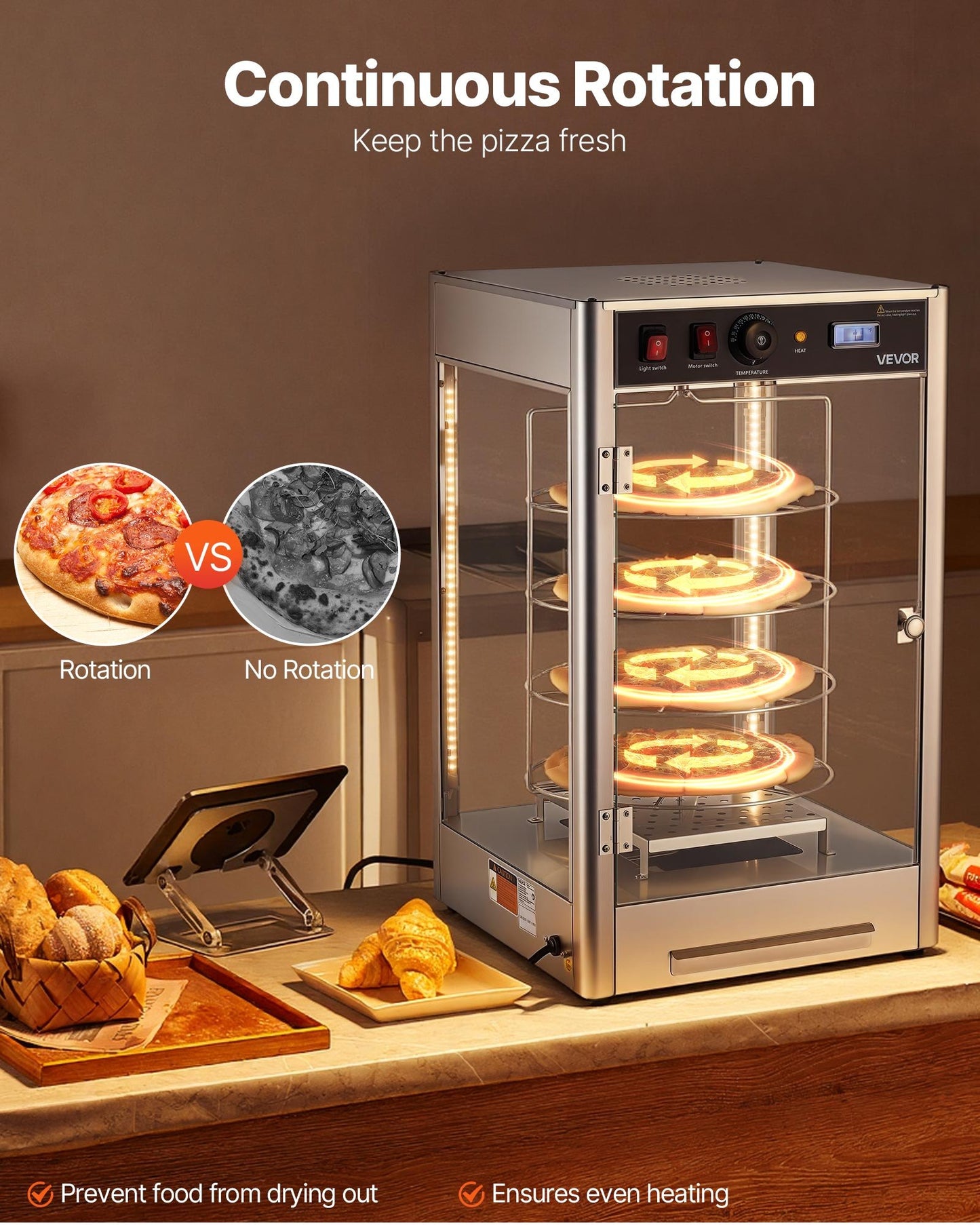 Commercial Pizza Warmer Display 4-Tier Steam Heated Food Warmer with Temp Control