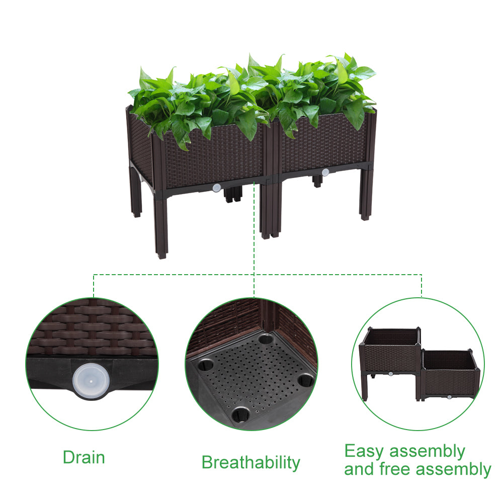 2PCS Brown Injection Molded Planting Box Garden Planter with Rattan Pattern