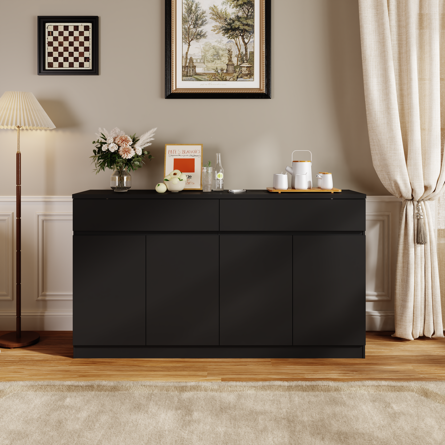 Large Black Sideboard Buffet Cabinet with Storage & 2 Drawers