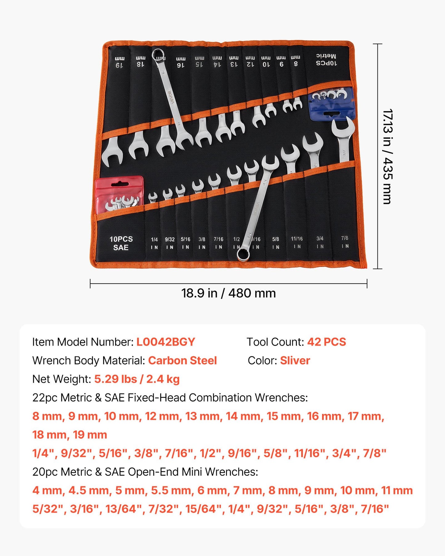 42-Piece Combination Wrench Set - SAE & Metric, Open & Box End, Carbon Steel