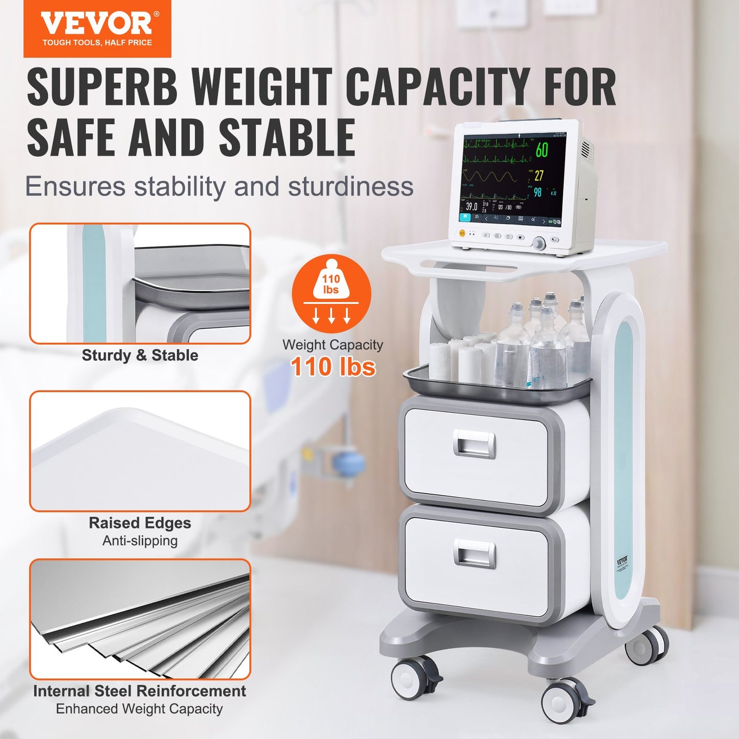 Mobile Medical Cart with 3 Tiers, 2 Drawers & Top Tray - Grey