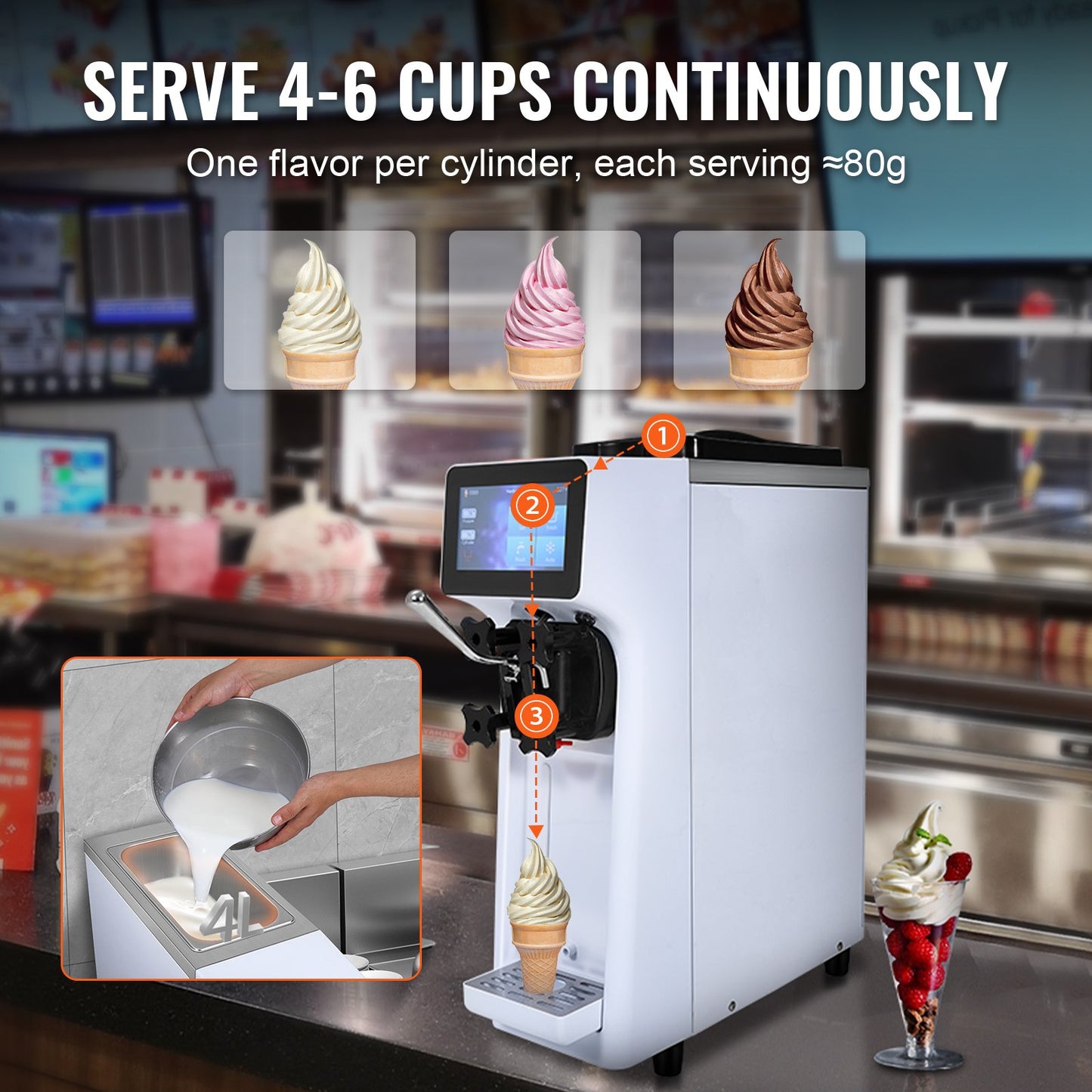 Commercial Ice Cream Machine 10.6 Qt/H Soft Serve Maker with Touch Screen