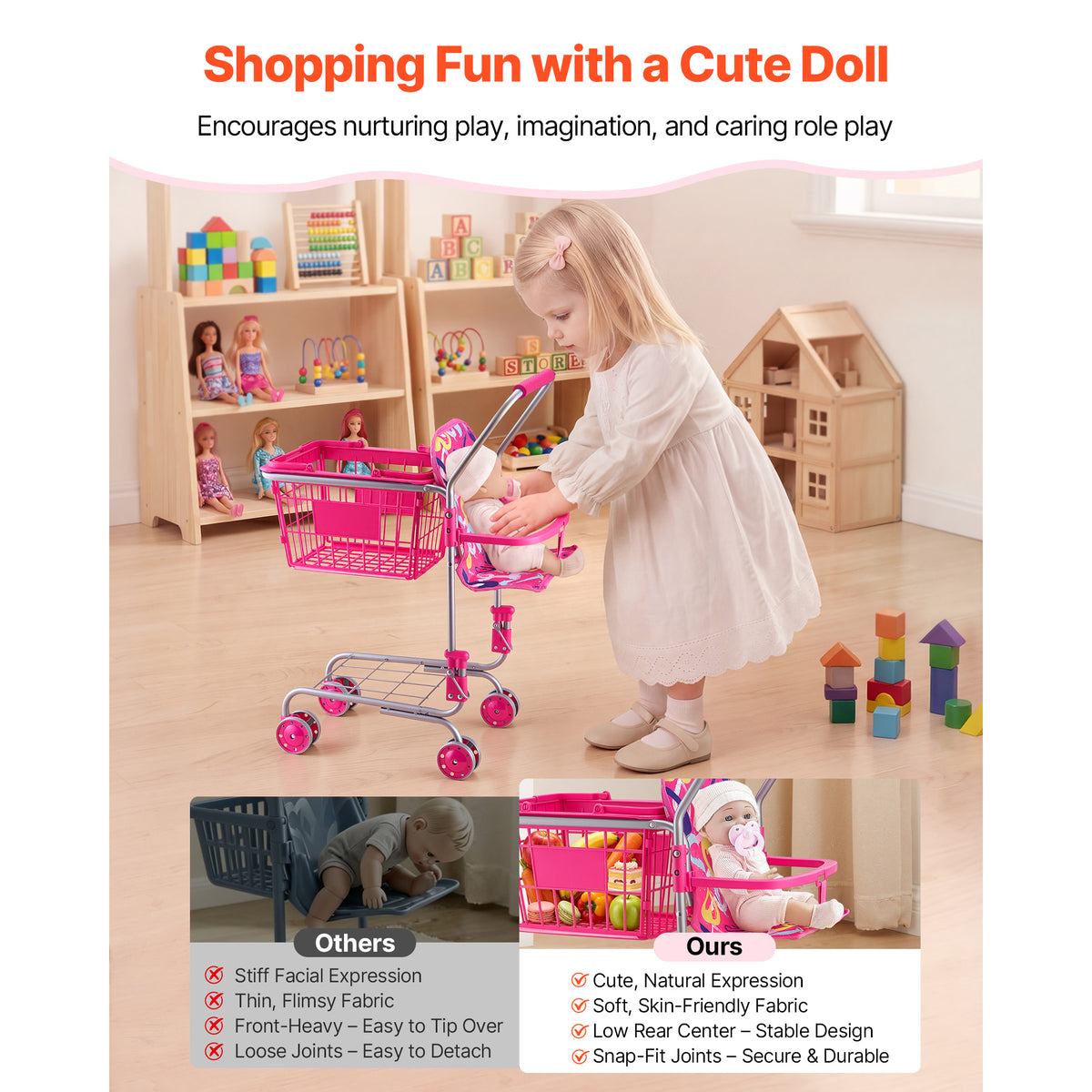 Kids Shopping Cart Toy with Doll Seat & Rolling Wheels - Pretend Play Grocery Trolley