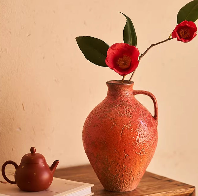 Chinese Style Handmade Ceramic Vase with Glazed Finish - Pomegranate Red