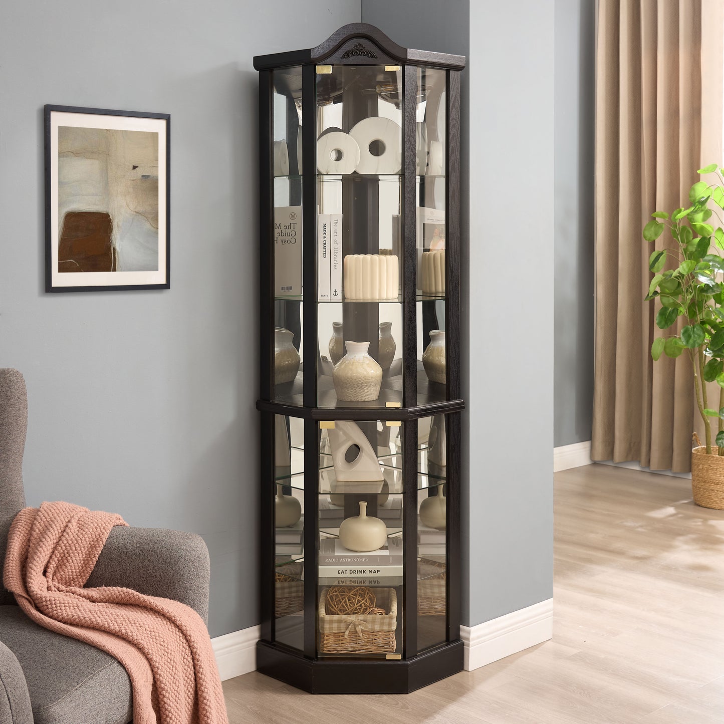Lighted Glass Display Cabinet Corner Curio With Adjustable Shelves