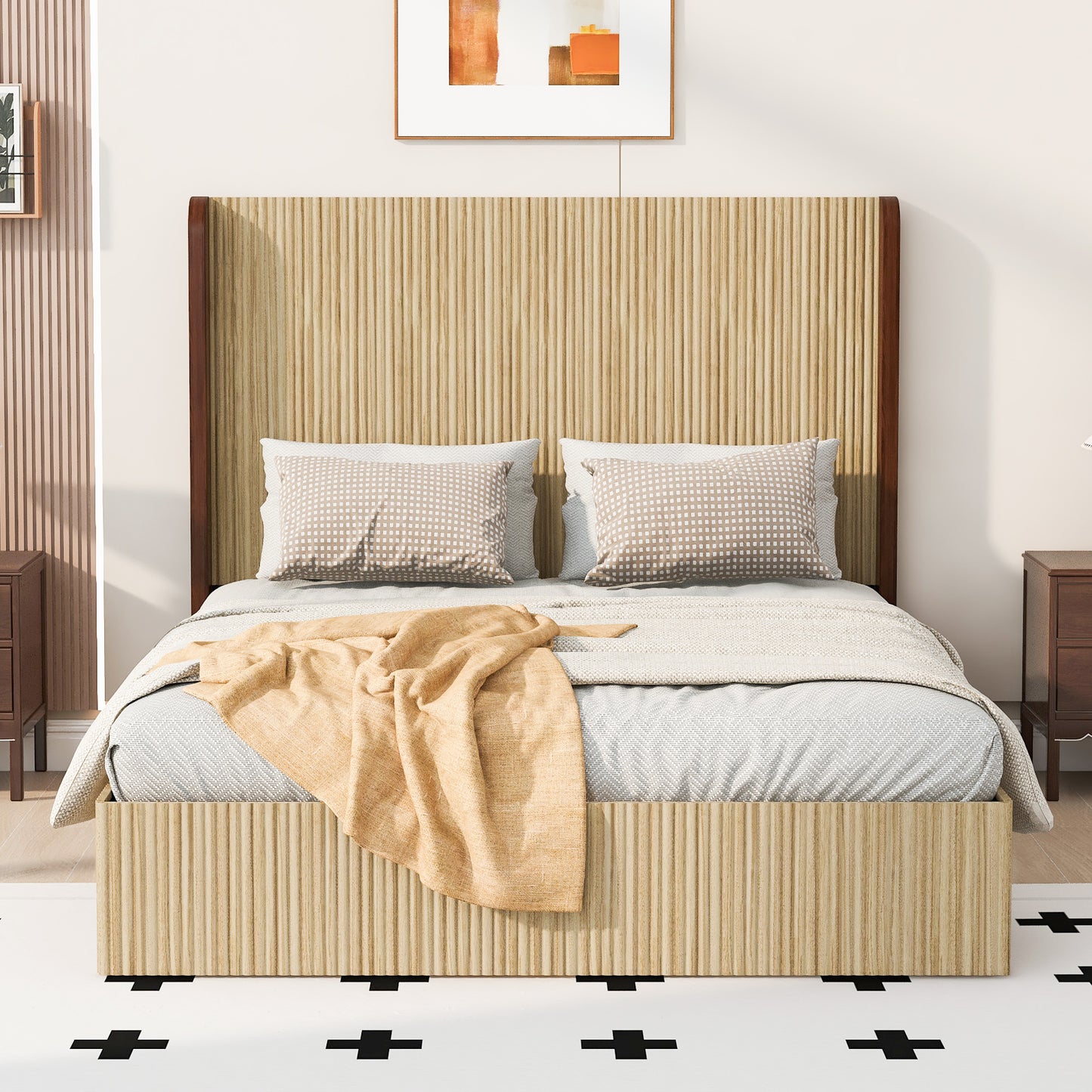 Queen Size Wooden Platform Bed Frame with Wing Headboard