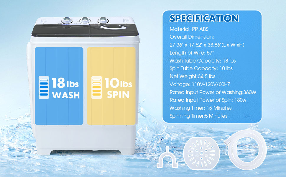 Grey28lbs Portable Washing Machine With 18lbs Wash And 10lbs Spin,