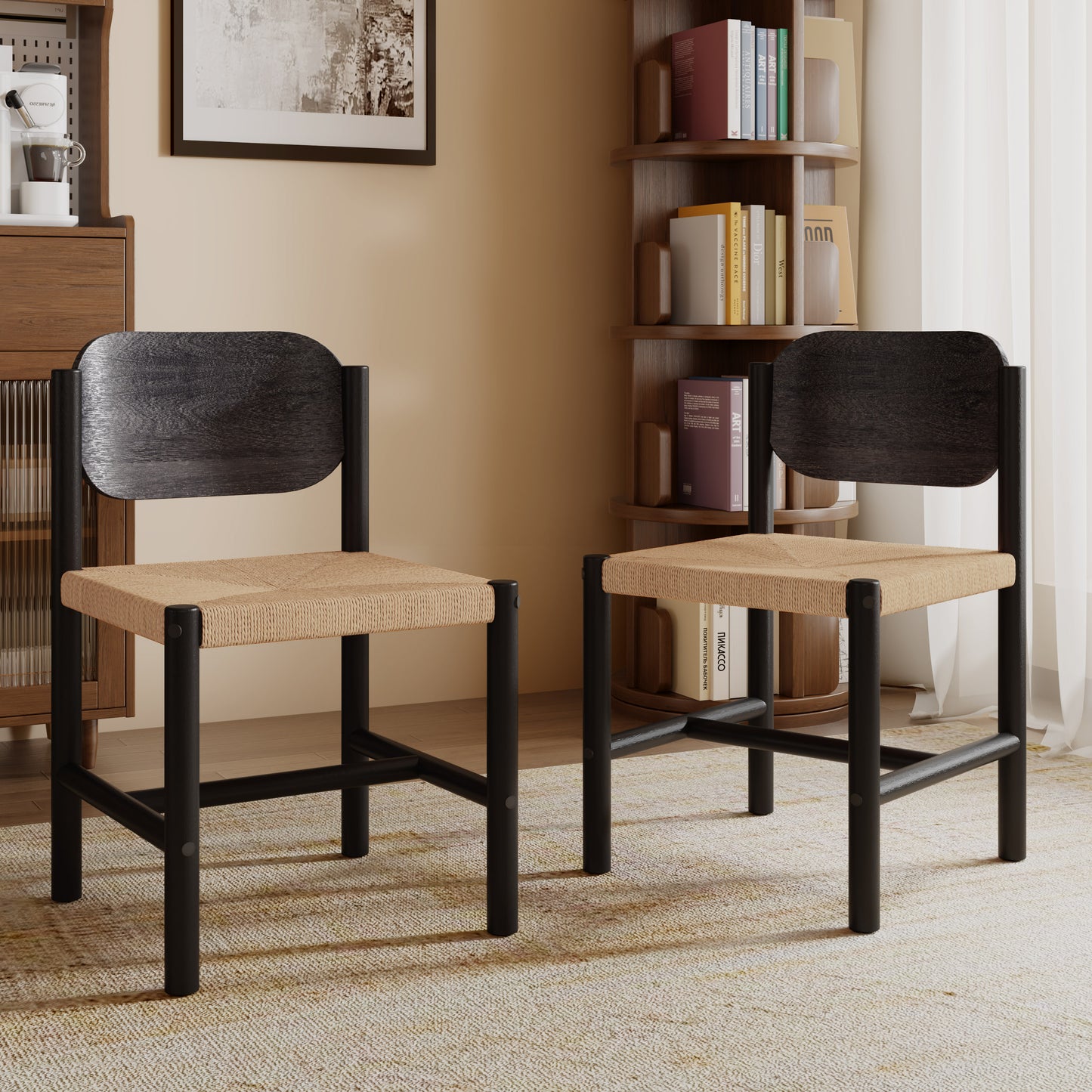 Wooden Dining Chairs With Beige Paper Rope Weave Seat, Indoor Armless