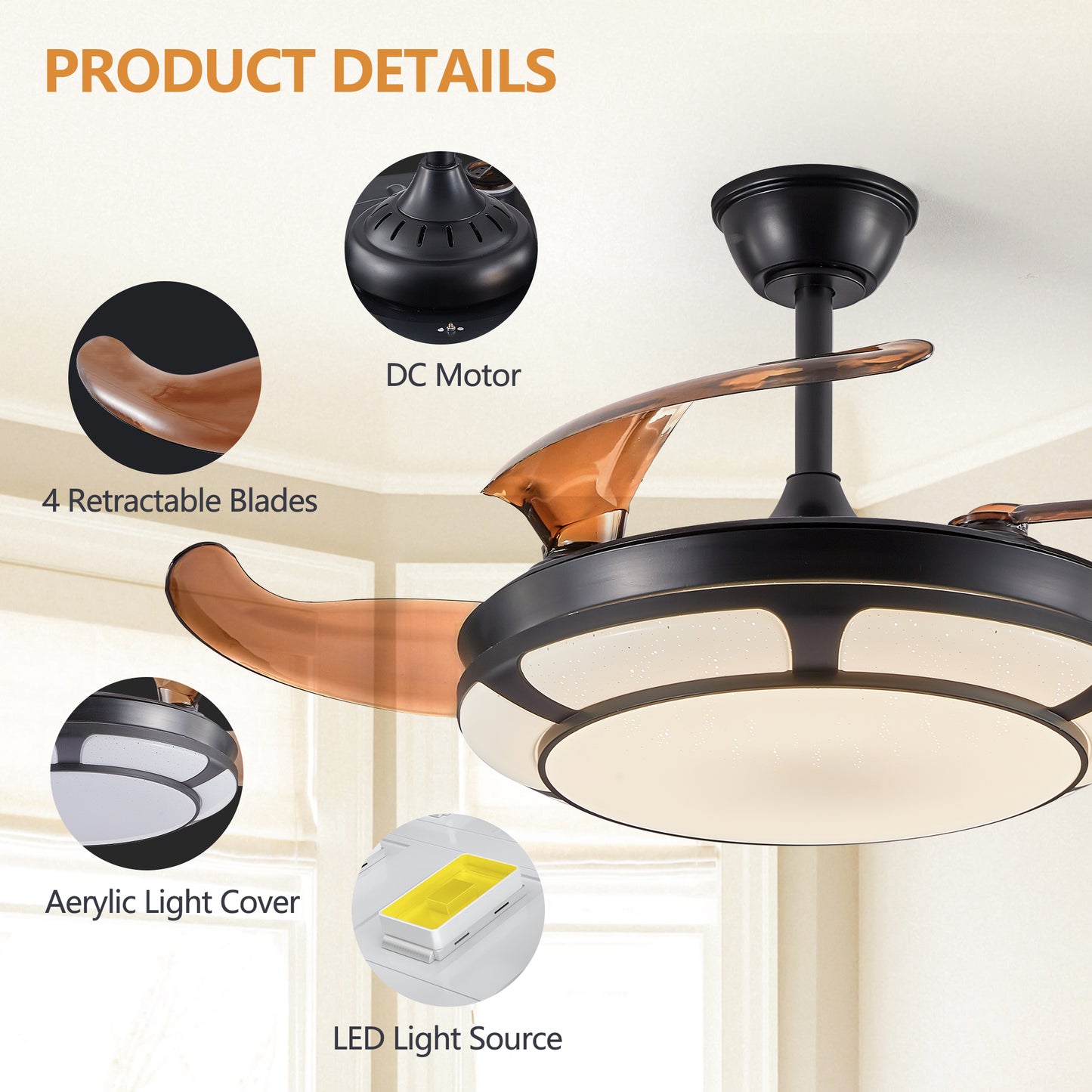 Retractable Ceiling Fan with Light - Modern LED Chandelier Fan