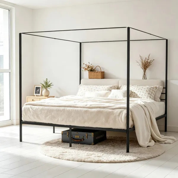 Sturdy Canopy Bed Frame with Storage Space - Metal Design