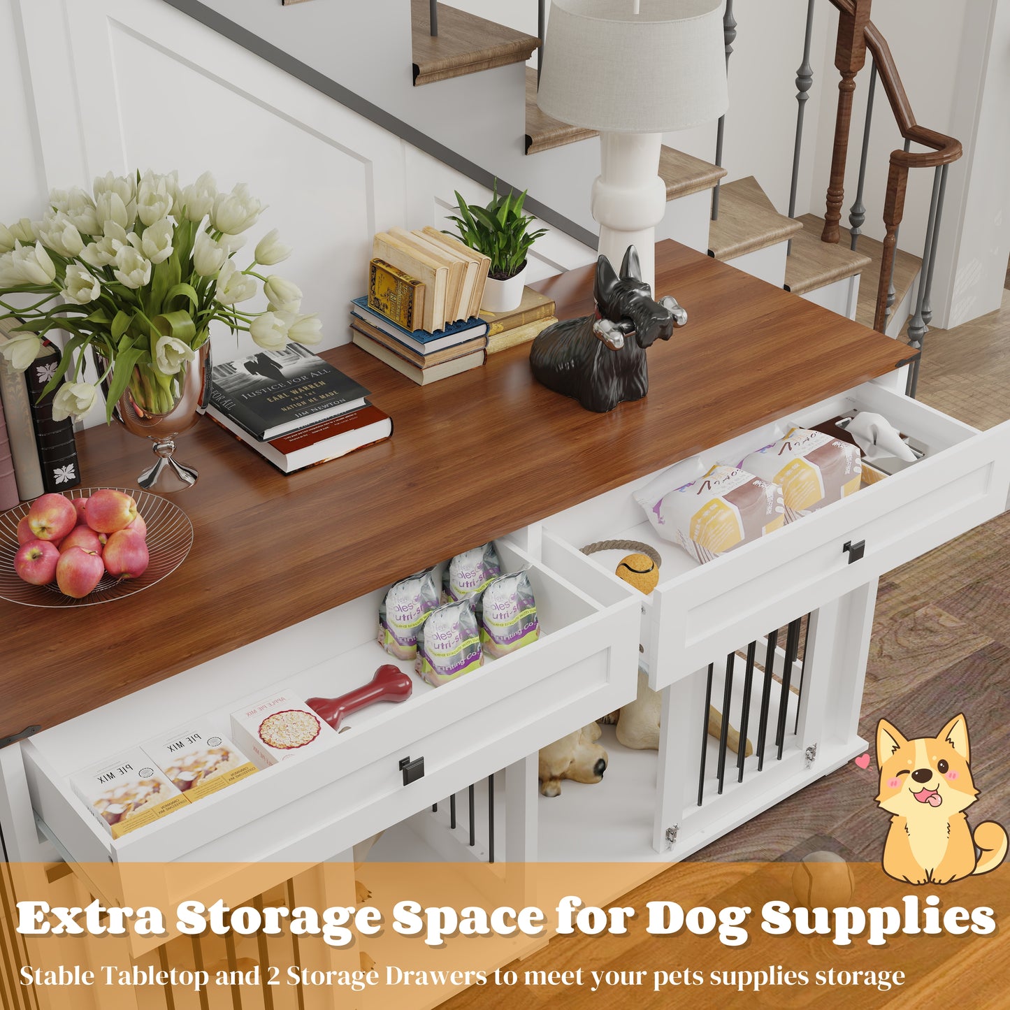 Large Wooden Dog Crate Furniture for Double Dogs with Storage, Divider & Sliding Doors