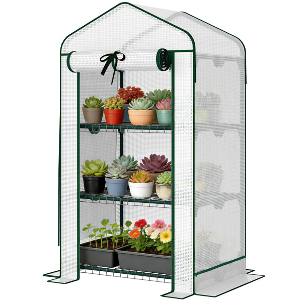 Mini Greenhouse with Double-Layer Roof - 3-Tier Plant Shelf
