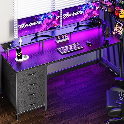 Computer Desk with Power Socket & LED Lighting - 47 Inch Black