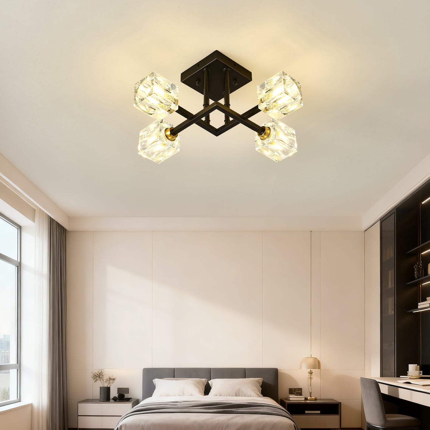 Modern Crystal Ceiling Light - 4 Lights, Matte Black, D16.99in H15.35in