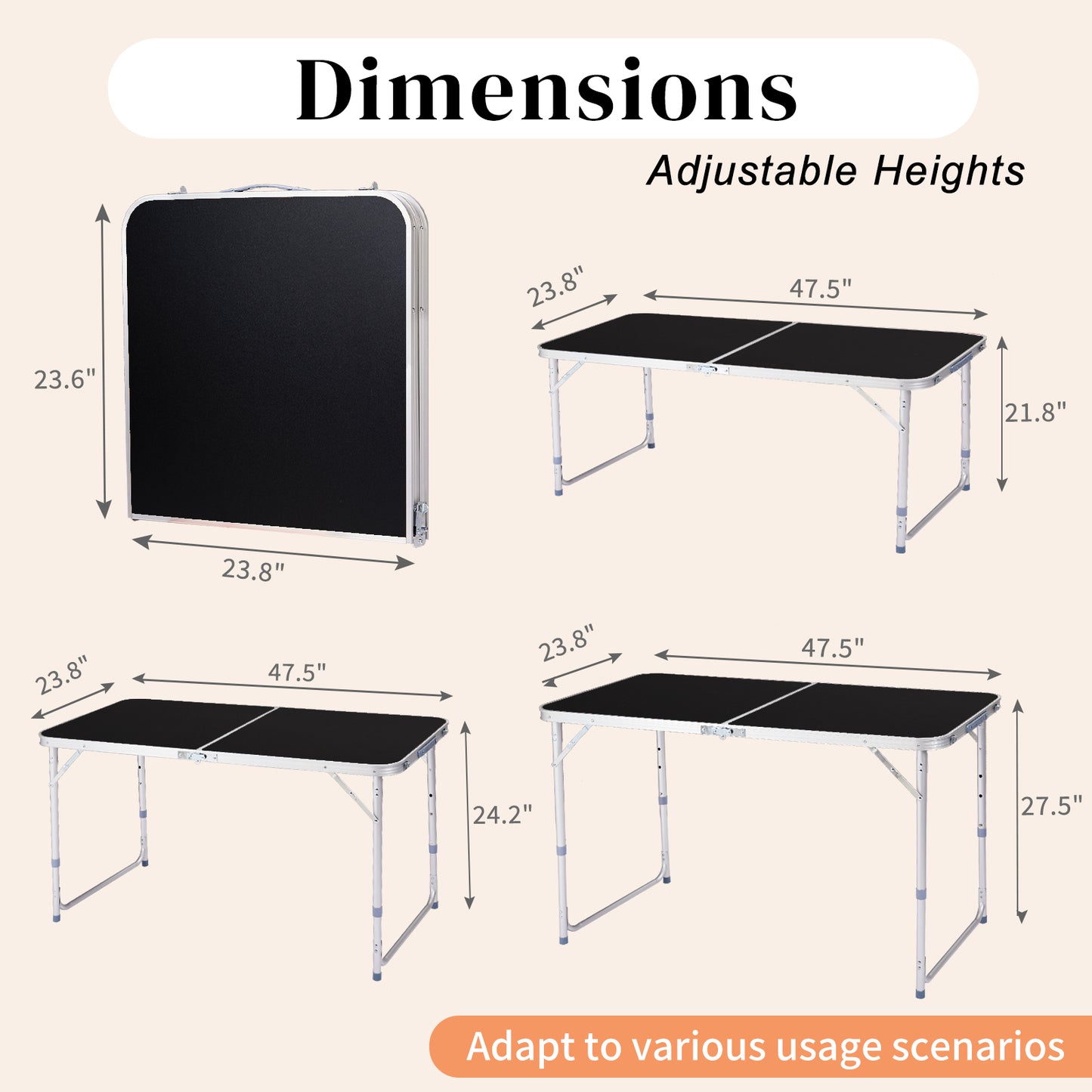 4ft Portable Folding Table - Black Aluminum Outdoor Table