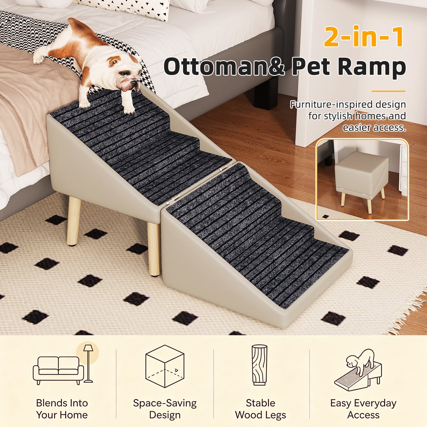Foldable Wooden Pet Dog Ramp with Non-Slip Surface - 22.83 Inches