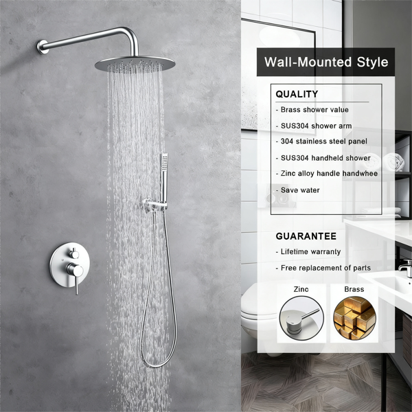 Wall-Mounted Shower Faucet Set with Rainfall & Handheld Shower - Brushed Nickel