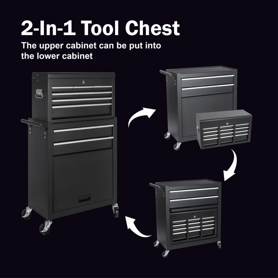 8-Drawer Rolling Tool Chest with Detachable Top Storage - Black