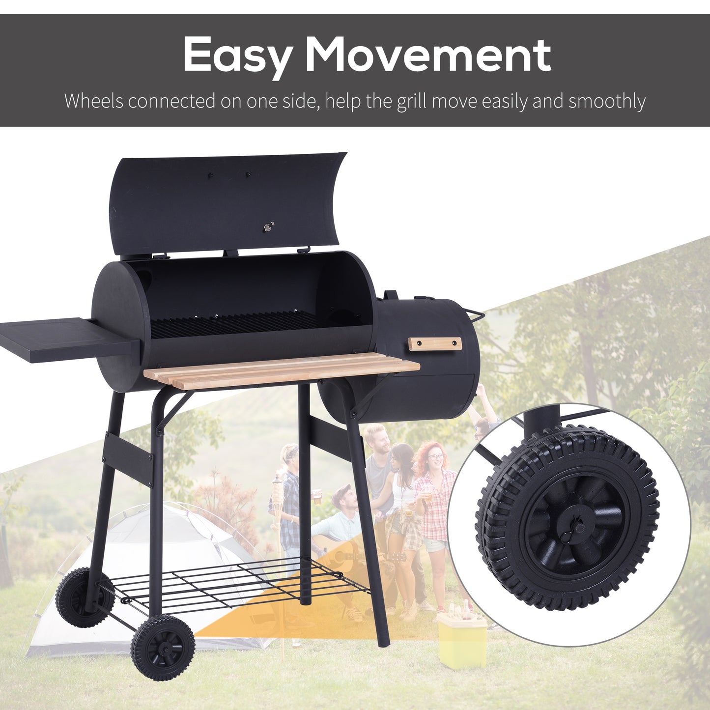 Portable Charcoal BBQ Grill with Wheels & Thermometer - Black