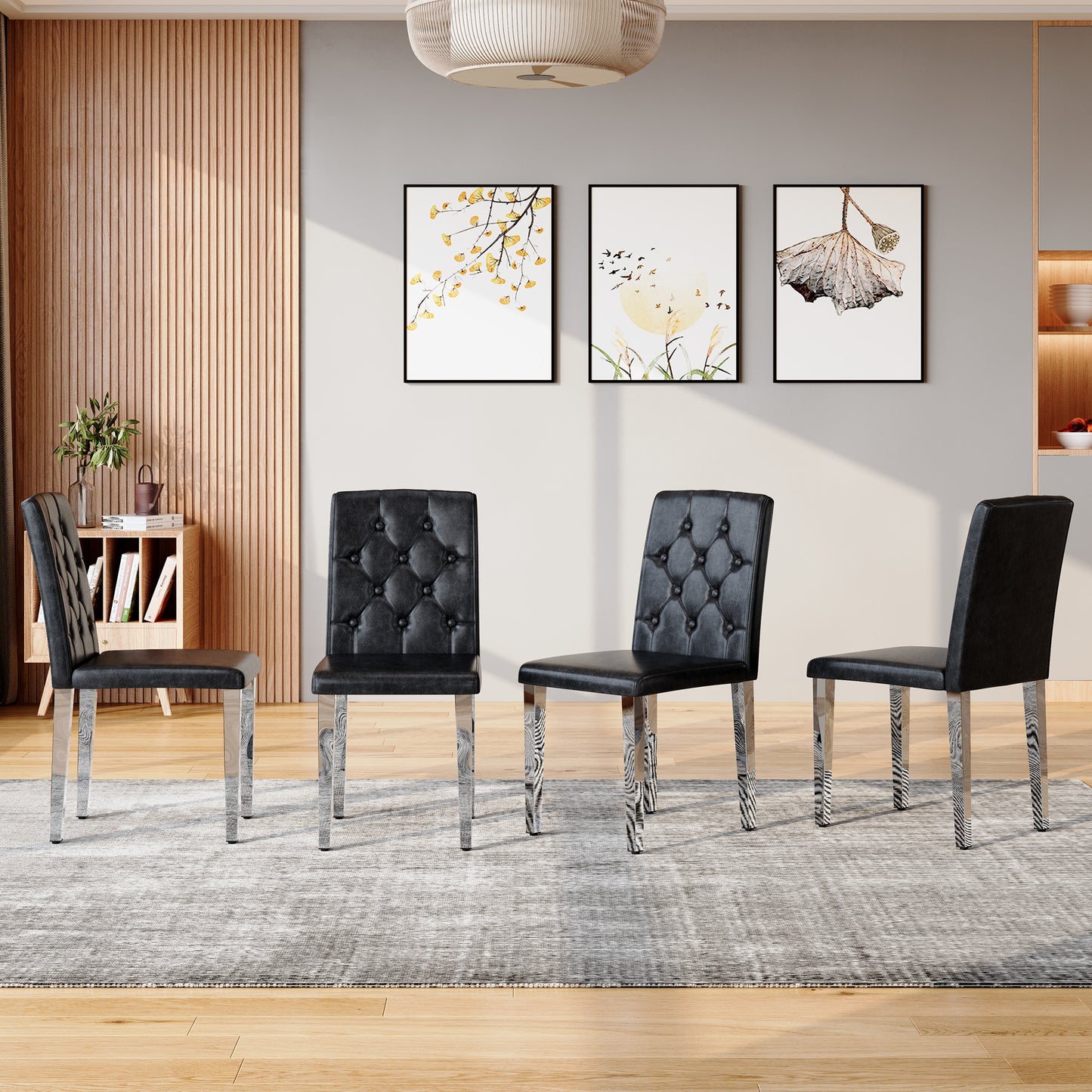 4-pack Black PU Dining Chairs,Ergonomic Buckle Backrest, 35 Inches