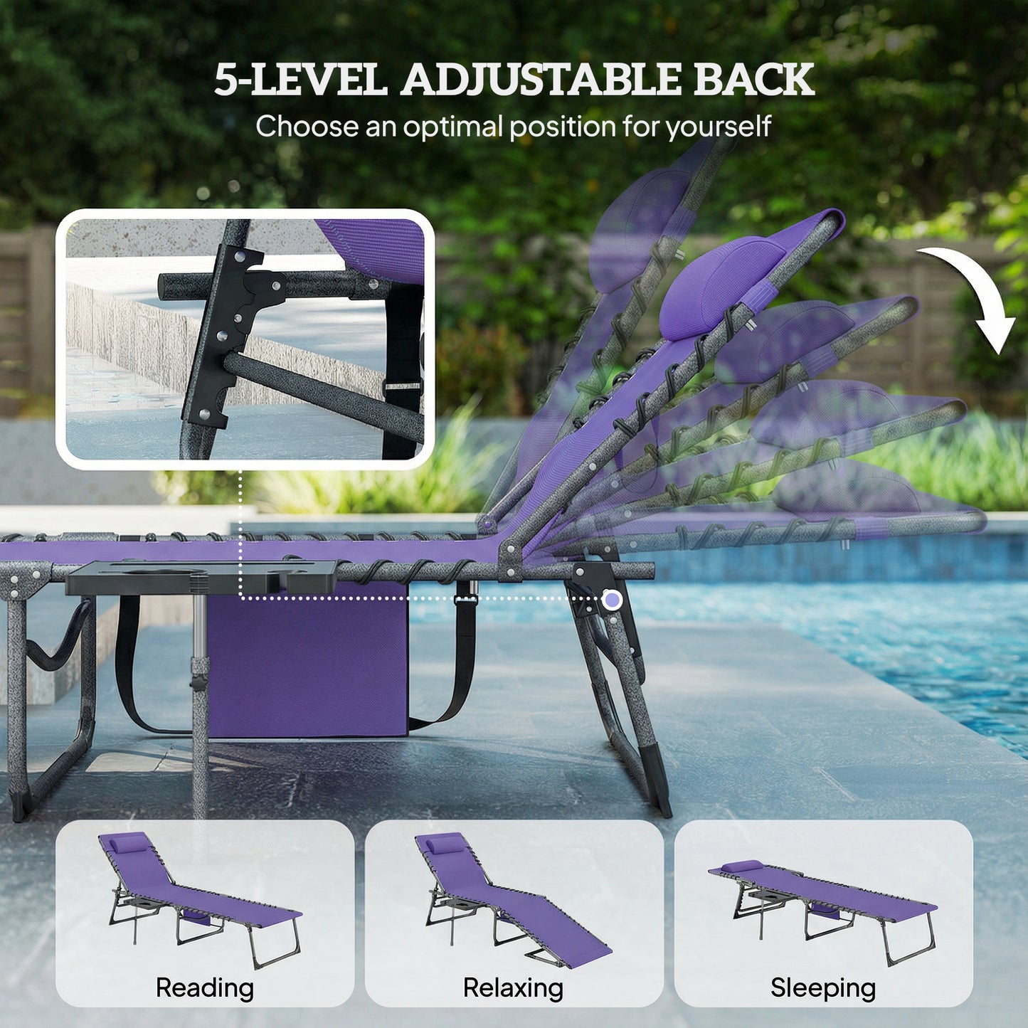 Folding Outdoor Chaise Lounge Chair with 5-Level Adjustable Back, Side Table, Pillow - Purple