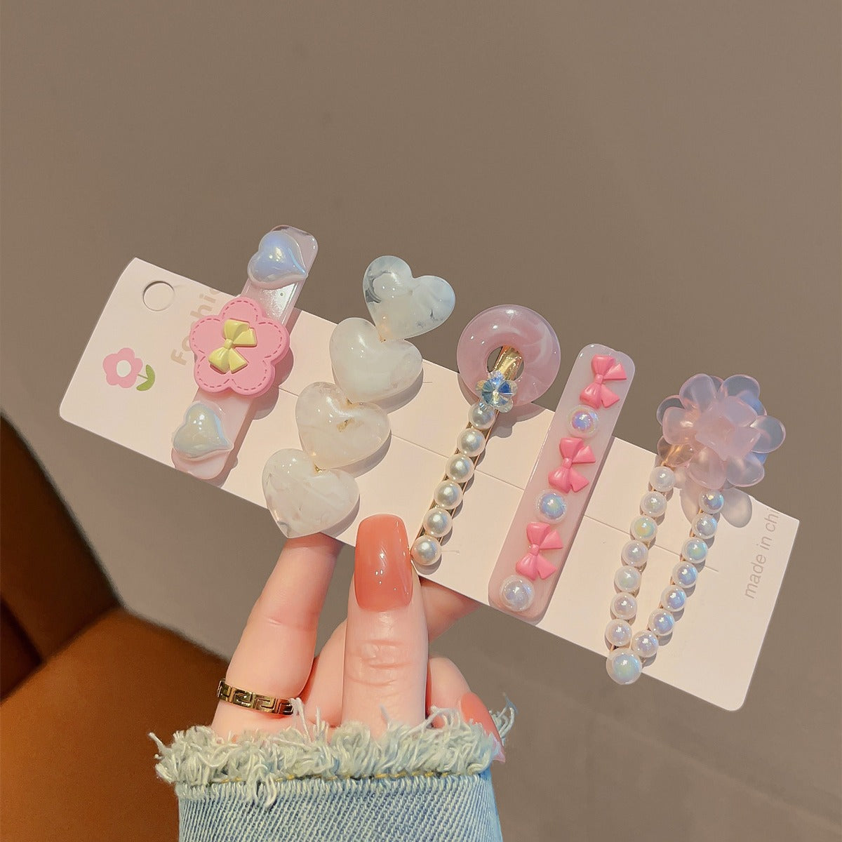 Heart-Shaped Barrettes 5-Piece Set - Pink Bow