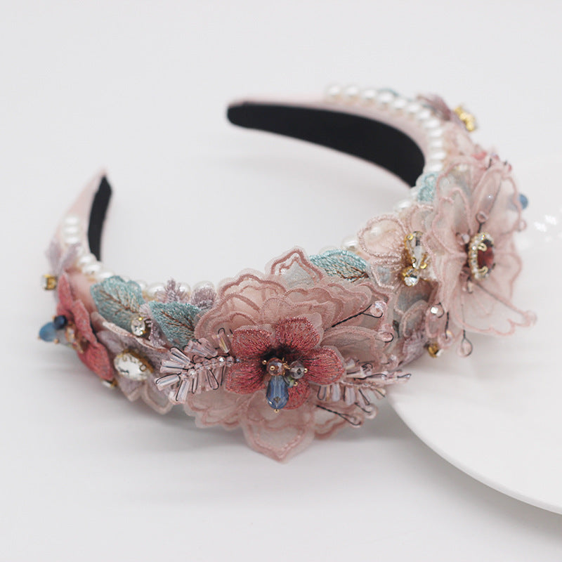 Baroque Pearl Lace Petal Crystal Embellishment Headband for Women - Multiple Colors