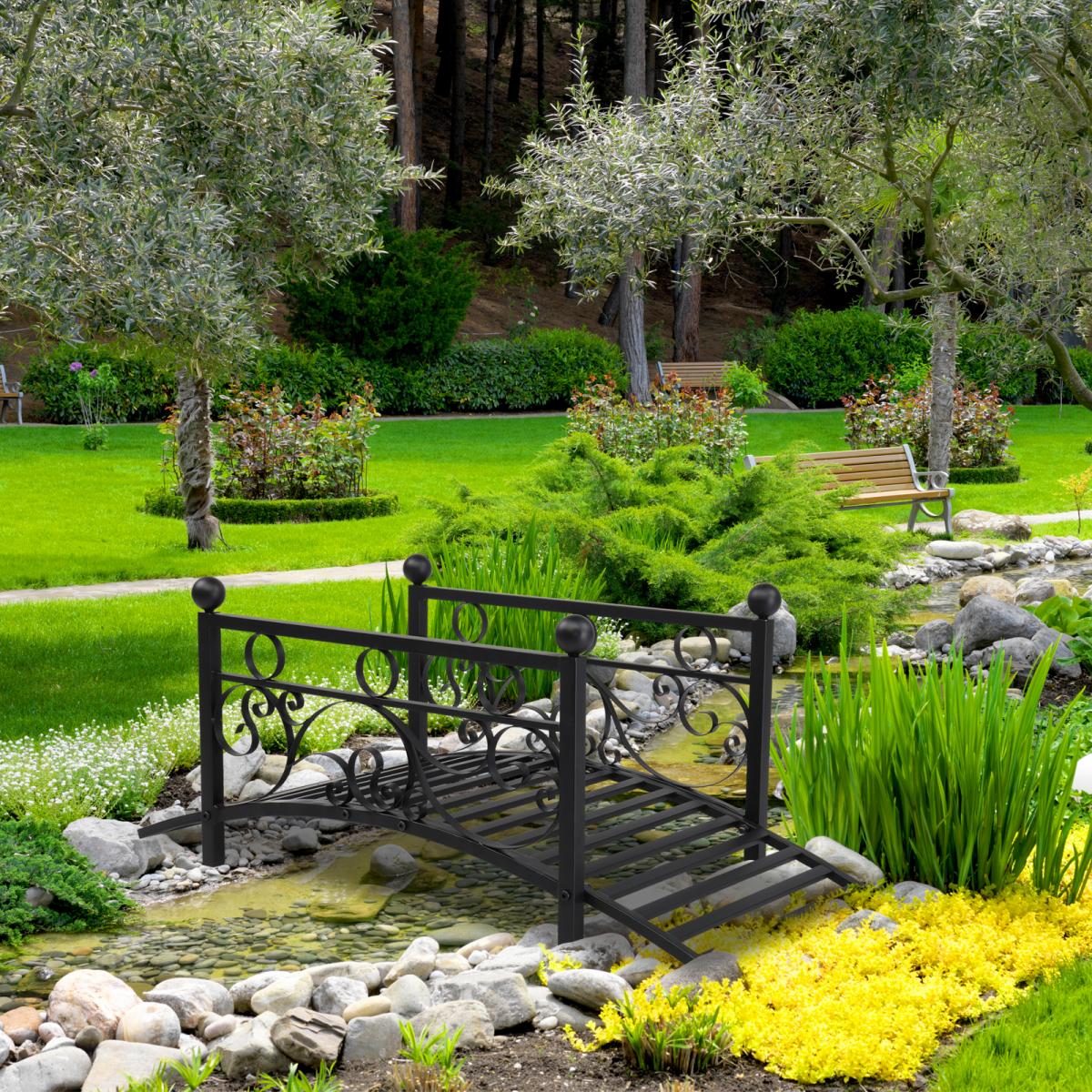Metal Garden Bridge Outdoor Patio Pond Bridge with Powder-Coated Finish and Security Guardrail - Black