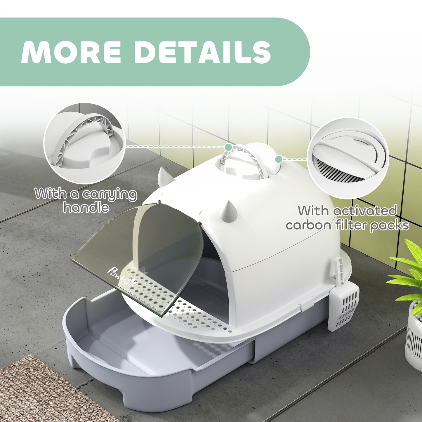 Covered Cat Litter Box with Lid and Scoop - Odor Control, Portable, Easy to Clean - Gray 410x180x520mm