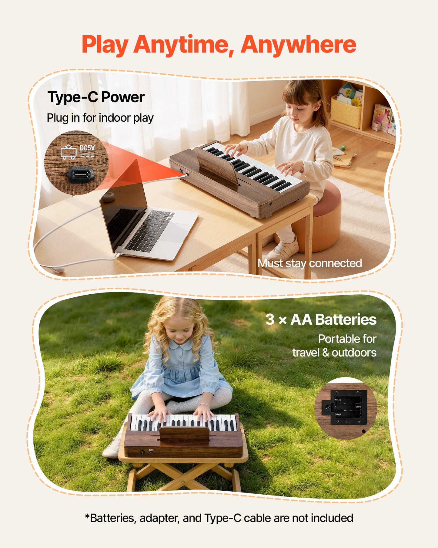 Kids Wooden Piano Keyboard - 37 Keys Digital Musical Instrument for Toddlers