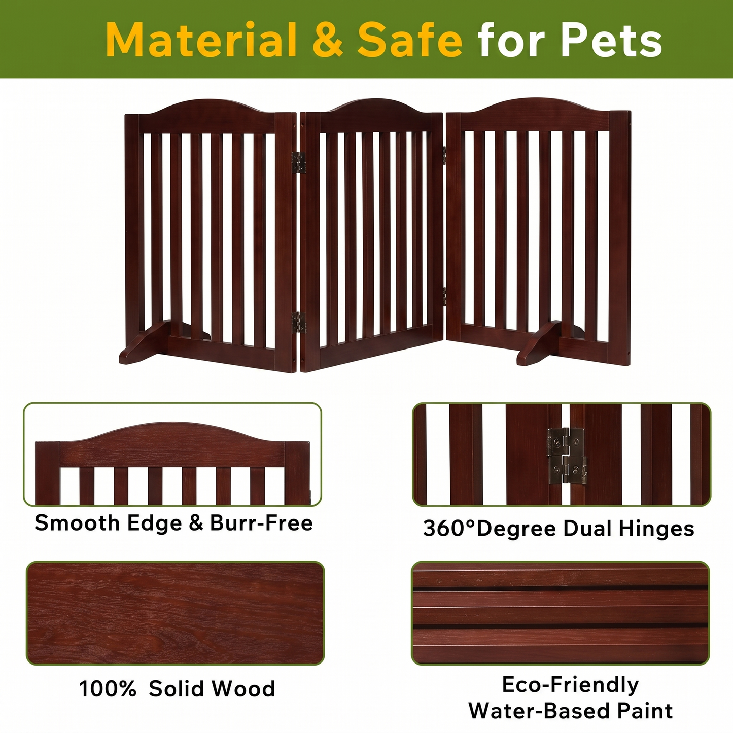 Wooden Freestanding Foldable Dog Gate - 24 Inch, 3 Panels, Room Divider