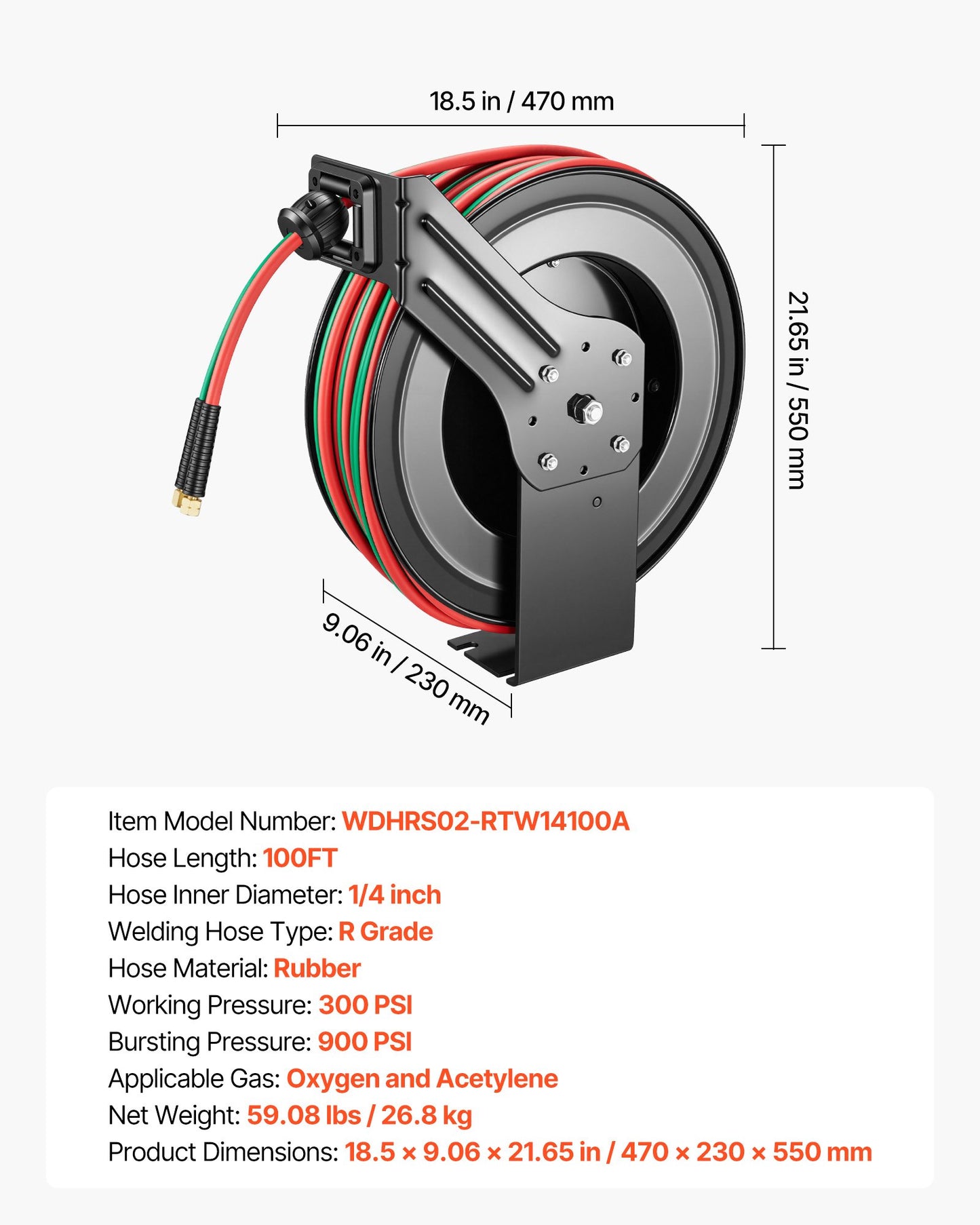 Retractable Welding Hose Reel 1/4 Inch x 100FT Steel Wall Mount Auto-Rewind