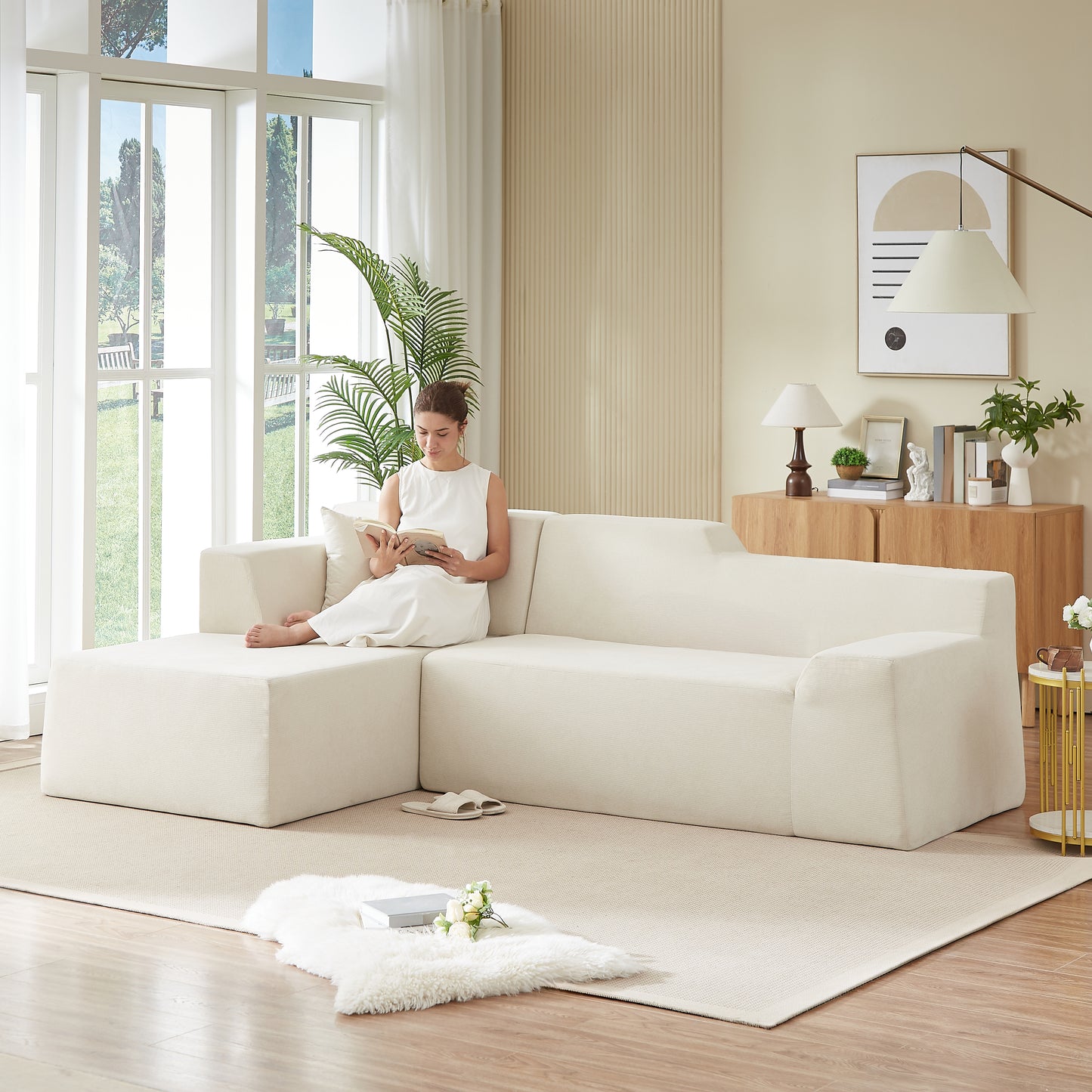 L-Shaped Minimalist Corduroy Sofa - High Back, Beige