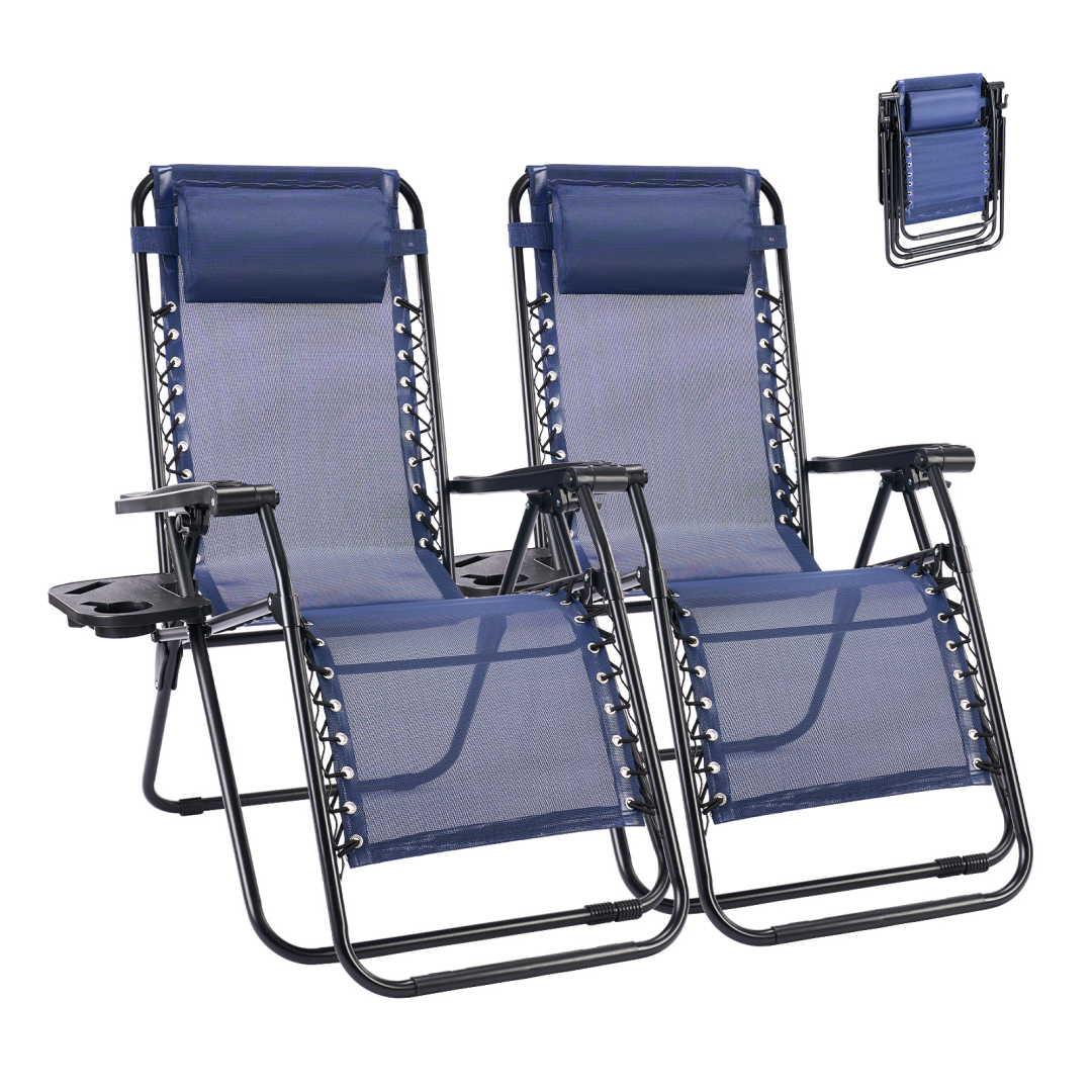 Set of 2 Folding Recliner Lounge Chairs with Pillow & Cup Holder