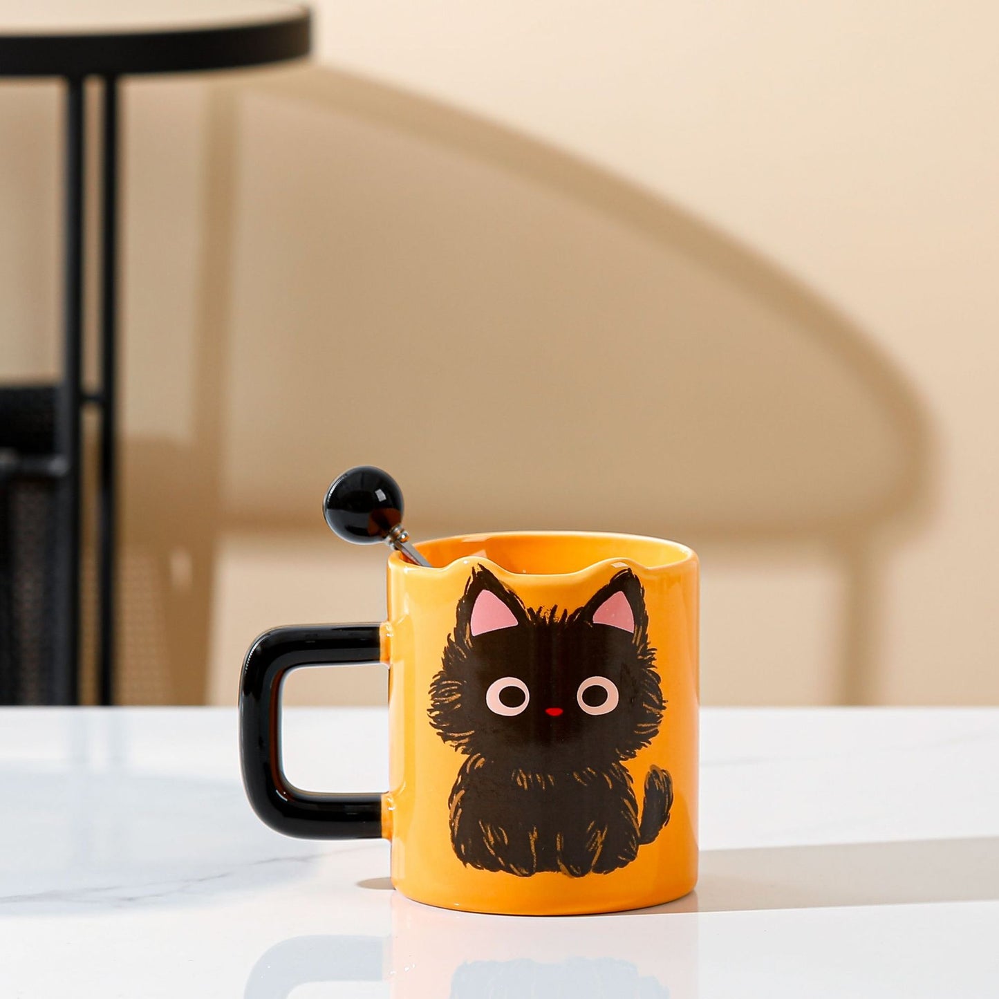 Cute Black Cat Mug with Lid and Spoon - Ceramic Drinkware Set