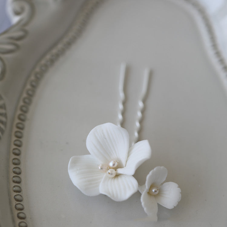 White Ceramic Flower Hair Fork - Handmade