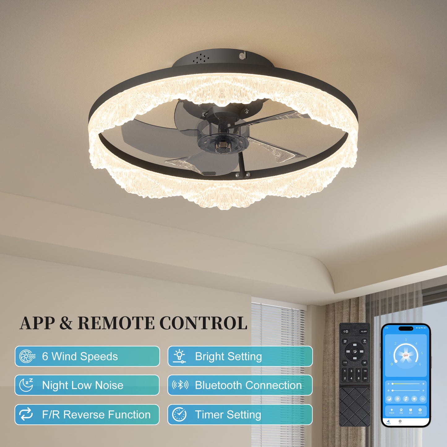 Modern LED Ceiling Fan Light with Crystal Acrylic Ring - Black