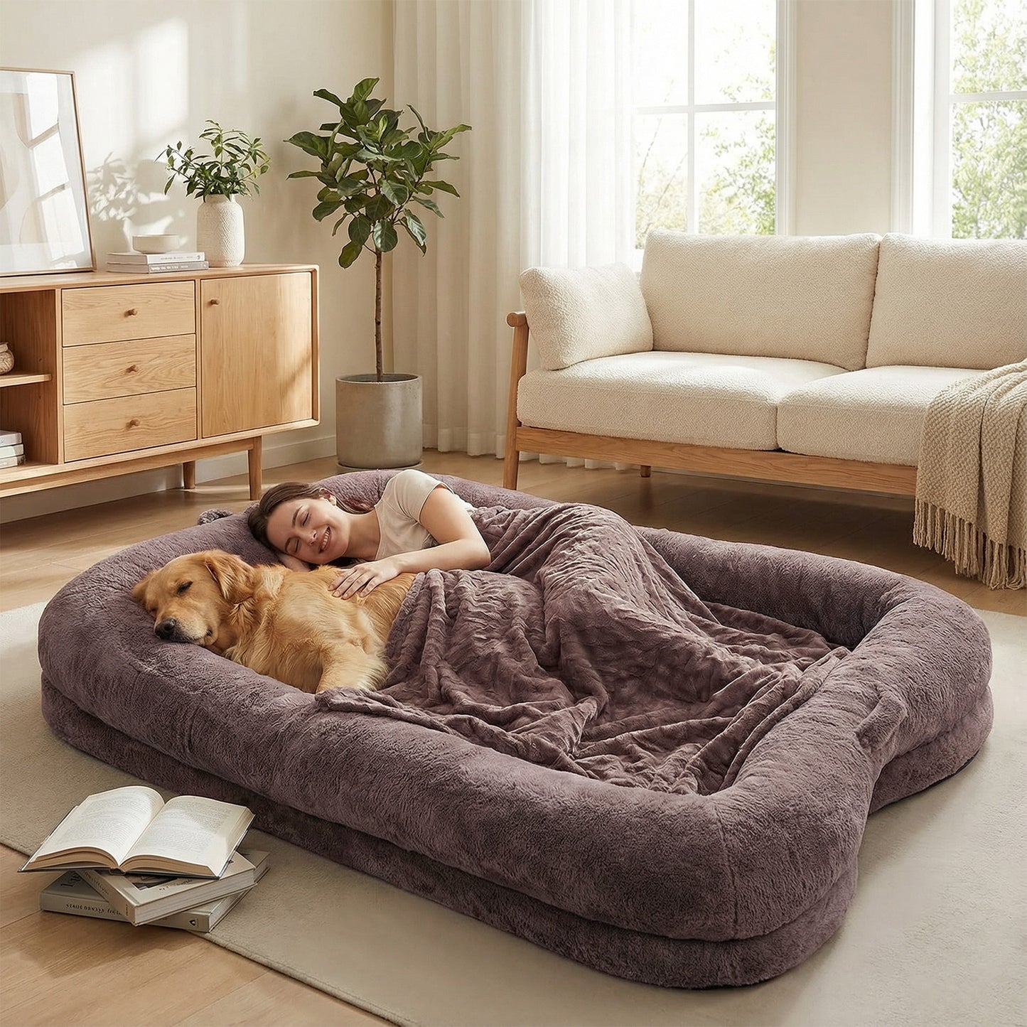 Large Washable Dog Bed with Blanket and Non-Slip Bottom - Plush Pet Nest