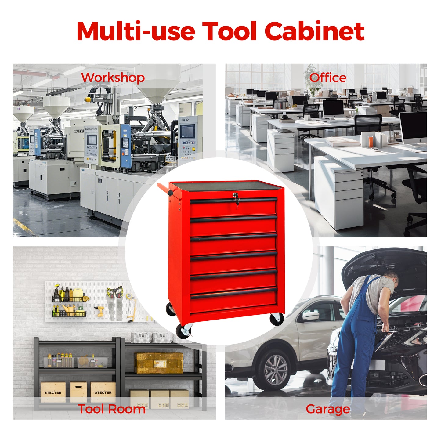 20-Inch Metal Rolling Tool Chest with 6 Drawers and Ball Bearing Slides - Red