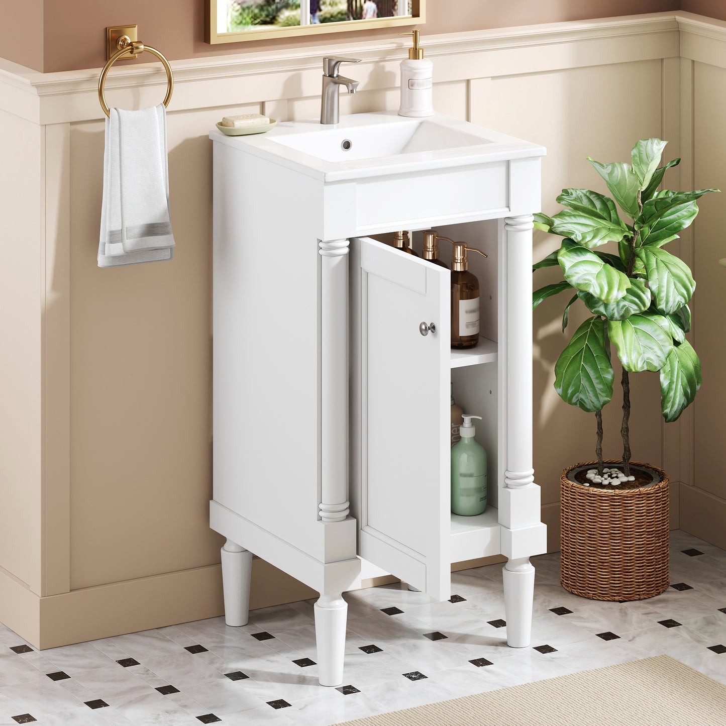18" French Style Bathroom Cabinet with Ceramic Sink & Storage