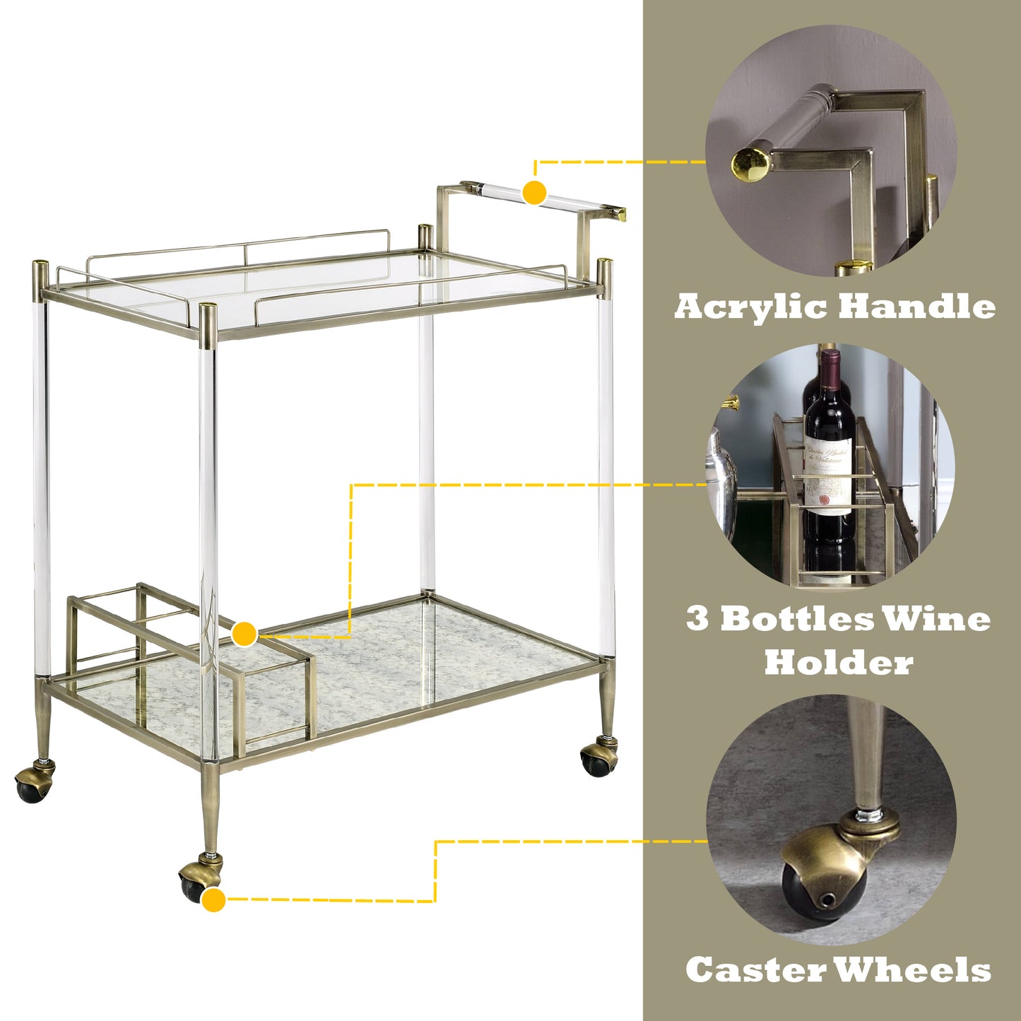 Antique Mirror & Wire Brass Finish Serving Cart - White