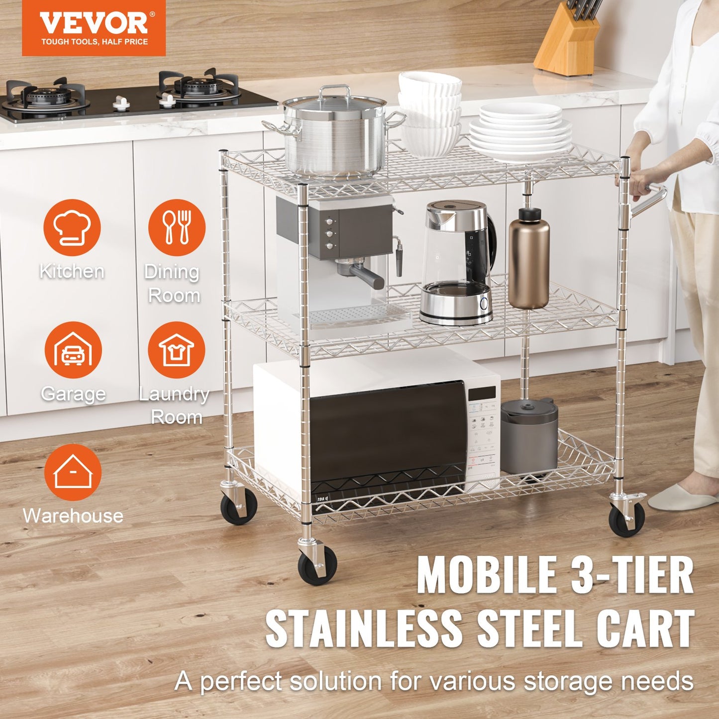 3-Tier Rolling Utility Cart - Heavy Duty Kitchen Storage